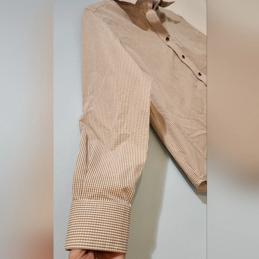 Women's Lafayette 148 Brown/Tan Striped Button Down Shirt, size M - Picture 7 of 10